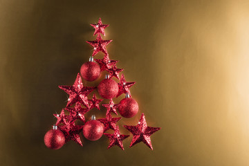 Wall Mural - Christmas tree shape with red stars and baubles