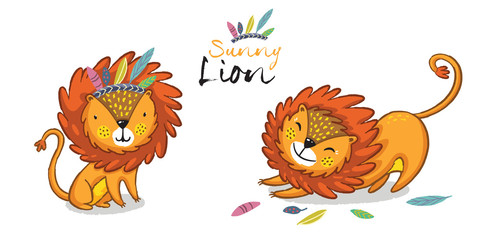 Sticker - Sunny lion set. King of the jungle. Animal vector illustration