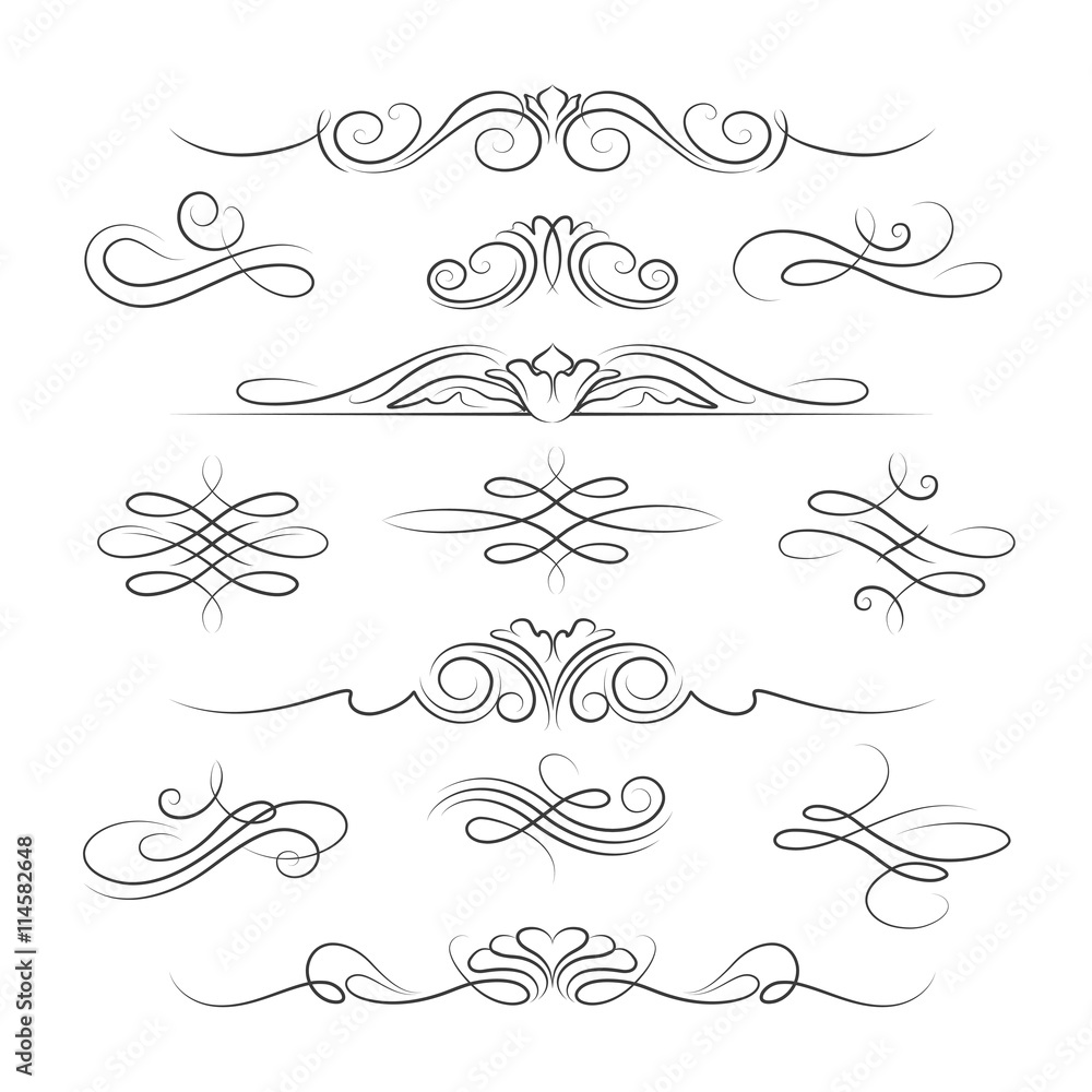 Vintage calligraphic ornate page decoration elements and dividers for invitations, greeting cards and banners. Vector illustration - obrazy, fototapety, plakaty 