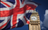 Fototapeta Londyn - British union jack flag and Big Ben Clock Tower and Parliament house at city of westminster in the background - UK votes to leave the EU