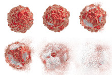 Destruction Of A Tumor Cell. 3D Illustration. Series Of Images Showing Different Stages Of Destruction Of A Tumor Cell. Can Be Used To Illustrate Effect Of Drugs, Medicines, Microbes, Nanoparticles