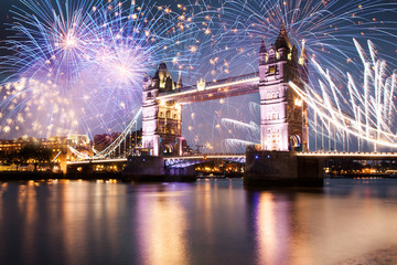 Wall Mural - Tower bridge with firework, celebration of the New Year in London, UK