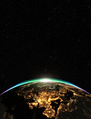 highly detailed epic sunrise over world skyline. planet earth europe zone with night time city. 3d r