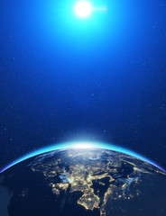 highly detailed epic moon over world skyline. planet earth europe zone with night time city. 3d rend