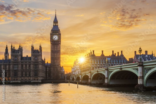 Fotografering Big Ben and Westminster Bridge at sunset