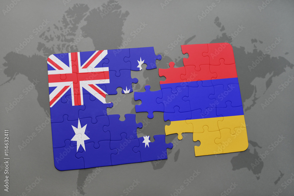 puzzle with the national flag of australia and armenia on a world map ...