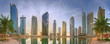 Panoramic view of Business bay and Lake Tower, reflection in a river, UAE