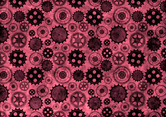 Hand drawn background with gear wheel.Abstract black and red grunge background with mechanism of watch. Texture with cracks, ambrosia, scratches, attrition.Series of Drawn Black and White Backgrounds.