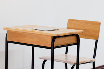 Wall Mural - school classroom with school desks with chair on white backgroun