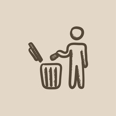 Wall Mural - Man throwing garbage in a bin sketch icon.