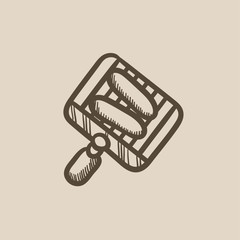 Sticker - Grilled sausage on grate for barbecue sketch icon.