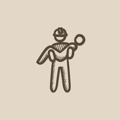 Poster - Fireman holding person on hands sketch icon.