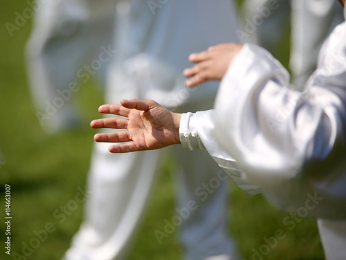 Zdjęcie XXL ręka mistrza sztuk walki Tai Chi z wyznawcami