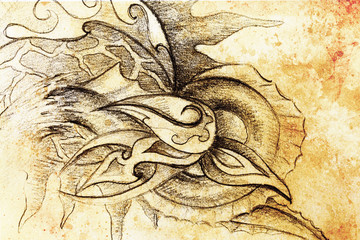 Fototapete - Ornamental Drawing. Original hand draw and computer collage. Color structure.