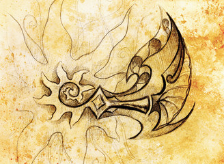 Fototapete - Ornamental Drawing. Original hand draw and computer collage. Color structure.