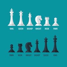Chess Pieces King Queen Bishop Knight Rook Pawn Flat Vector Icons Set. Chess Figures Black And White. Team With Chess Pieces Illustration