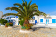 Typical white houses on square with palm tree in Mykonos town on island of Mykonos, Cyclades, Greece
