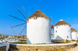 Famous traditional windmills on Mykonos island, Cyclades, Greece
