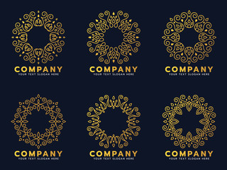 Canvas Print - Gold circle flower line art for logo and frame vector set design