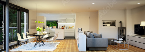 moderne penthouse wohnung, panorama blick in moderne penthouse wohnung - panorama view inside, Design ideen