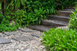 stone walk way and wood stairs in the garden