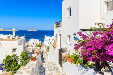 Wall Mural - A view of whitewashed street with flowers in beautiful Mykonos town, Cyclades islands, Greece