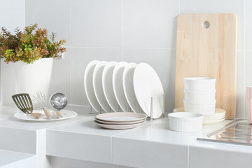 white clean counter in kitchen with utensil at home