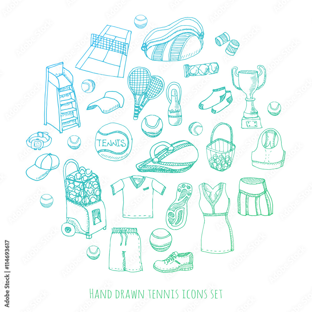 Hand drawn doodle Tennis game set Vector illustration tennis equipment ...