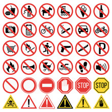 Prohibition Signs Set Vector Illustration. Warning Danger Symbol Prohibiting Signs. Forbidden Safety Information Prohibiting Signs. Protection Signs No Pet Warning Information Sign.