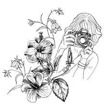 Photographer With A Flowers. Vector Illustration.