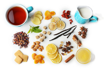 Poster - Tea composition on light background, flat lay