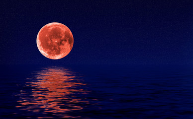 illustration with full red moon over night water.