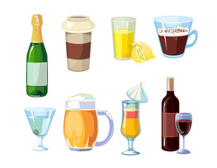 Poster - Alcoholic and non alcoholic drinks. Different beverages with bottles and glasses. Vector icons