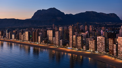 Wall Mural - Aerial view of a Benidorm city coastline at sunset. Spain