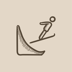 Sticker - Ski jumping sketch icon.