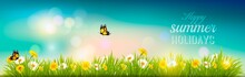Happy Summer Holidays Banner With Flowers, Grass And Butterflies