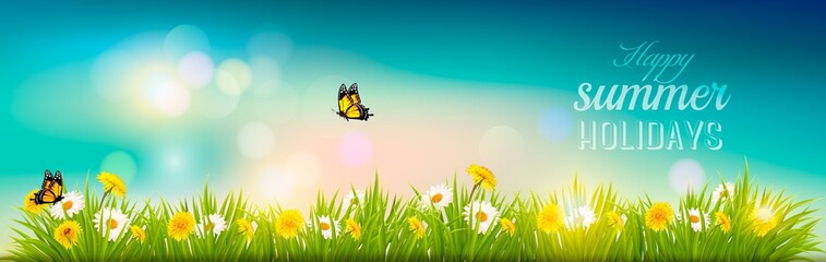 Poster - Happy summer holidays banner with flowers, grass and butterflies
