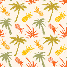 Seamless Pattern With Palm Trees, Pineapples