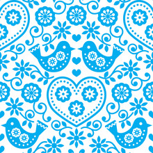 Folk Art Seamless Blue Pattern With Flowers And Birds