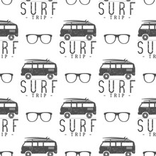Vector Surfing Seamless Pattern With Surfing Glass. Surfer Van, Glasses Elements. Surfing Rv Wallpaper Printing Design. Surfing Combi. Summer Print, Background Texture. Surf Vacation Trip. Silhouette