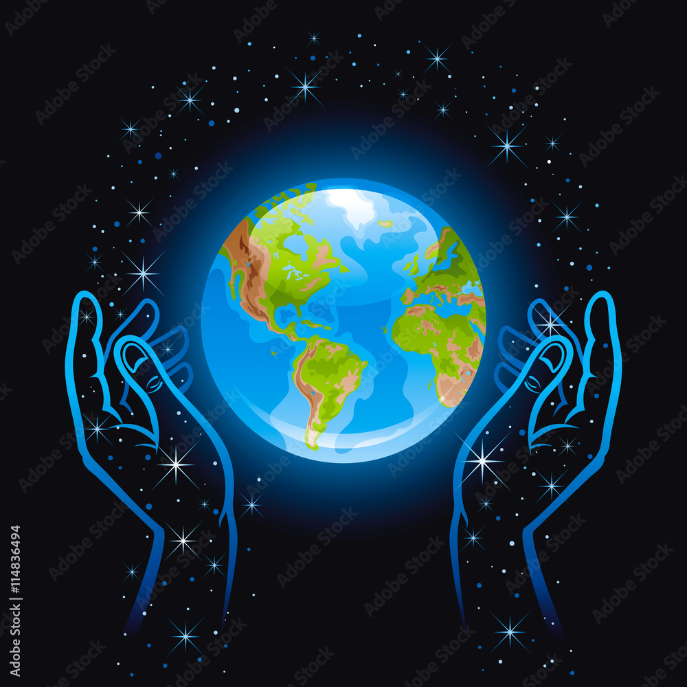 Vector illustration with human hands holding blue Earth planet icon ...