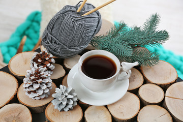 Fototapete - Beautiful winter composition with cup of hot drink