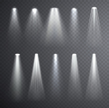 Bright White Light Beam. Glowing Light Effects Isolated On Checkered Transparent Background. Set Of Spotlights Lighting