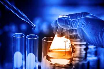 Wall Mural - flask in scientist hand with chemical liquid
