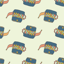 Hand Drawn Seamless Pattern With Blue Teapots
