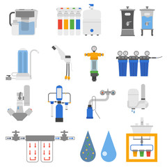 Set of water filter color silhouette icon style isolated on white background. Reverse osmosis system water filters system home fresh container. Vector water filters purity equipment purification.