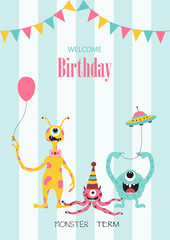 Set of birthday cards,poster,template,greeting cards,animals,monster,Vector illustrations