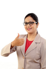 Wall Mural - Young business woman with thumbs up gesture