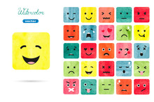 Watercolor Emoticons Set. Vector Collection Of Emotions Symbols. Colorful Illustration. 