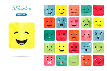 Watercolor emoticons set. Vector collection of emotions symbols. Colorful illustration. 